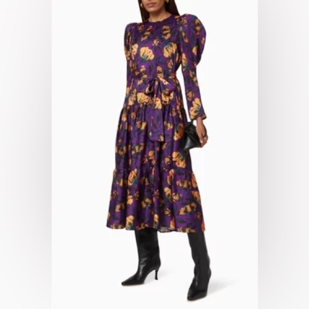 Delfi Collective Taylor Puff Sleeve Dress Size XS Floral Satin Maxi Dress